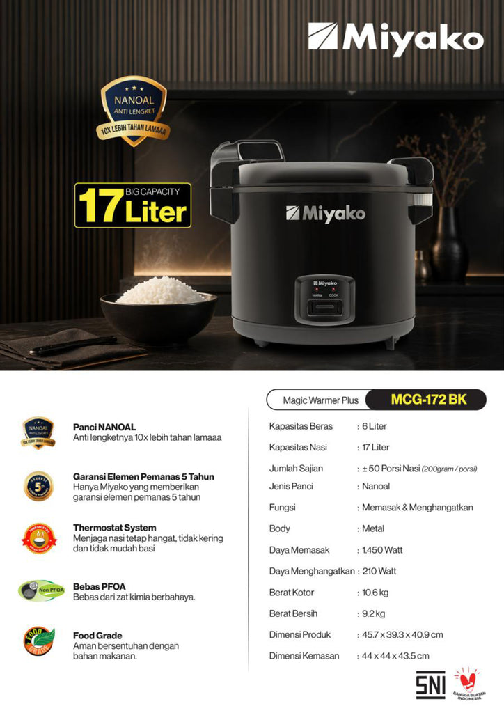 MIYAKO - RICE COOKER MANUAL 6.0 Liter - MCG-172BK