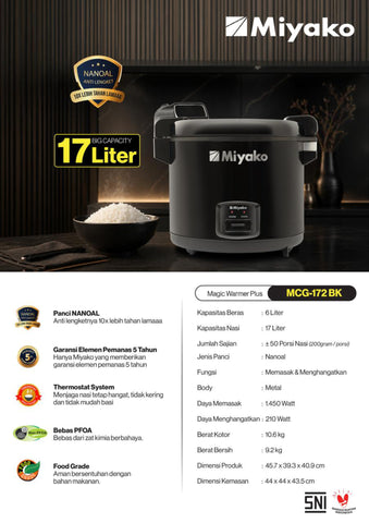 MIYAKO - RICE COOKER MANUAL 6.0 Liter - MCG-172BK